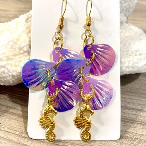 93. Gold and Purple Seahorse Shell Earrings